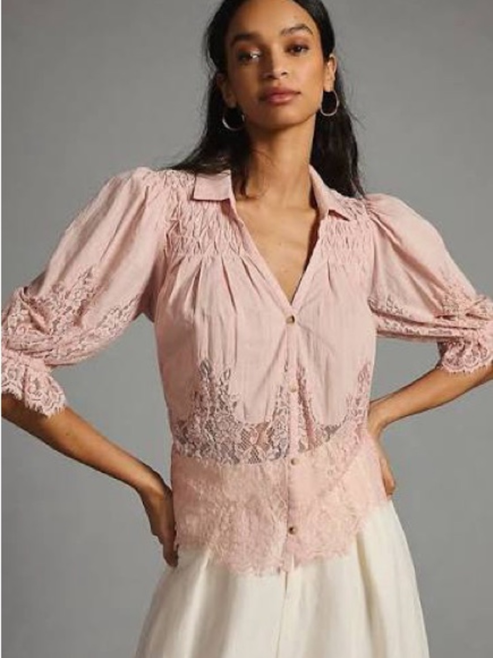 By Anthropologie Victorian Sheer-Lace Blouse - Blush - XL